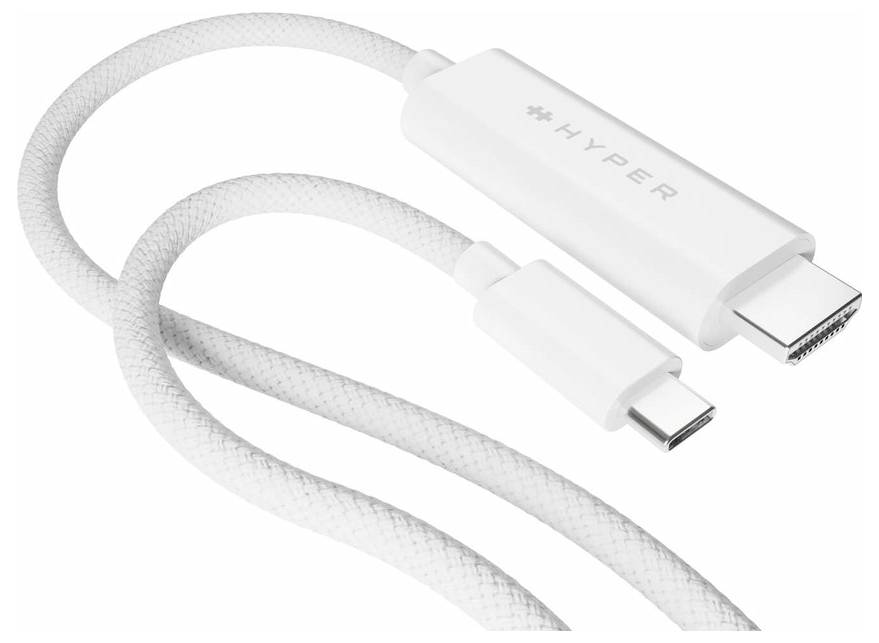 Ein weißes, geflochtenes Kabel mit USB-C-Stecker auf der einen Seite und HDMI-Stecker auf der anderen, geeignet für Datenübertragung.