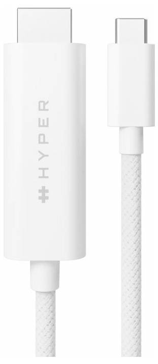 Weißes USB-C-auf-USB-C-Kabel mit einem 'HYPER'-Logo auf einem Adapter. Geeignet für Lade- und Datenübertragungszwecke.