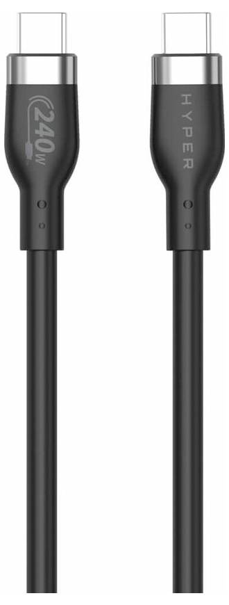 Ein schwarzes USB-C-auf-USB-C-Kabel mit 240-Watt-Kennzeichnung auf einem Stecker, geeignet für Hochleistungsgeräte.