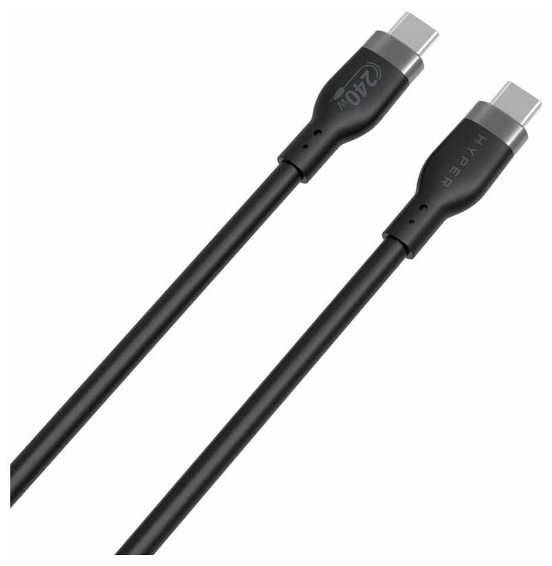 Zwei schwarze USB-C-Kabel mit gummierten Anschlüssen, geeignet für Hochgeschwindigkeitsdatenübertragung.