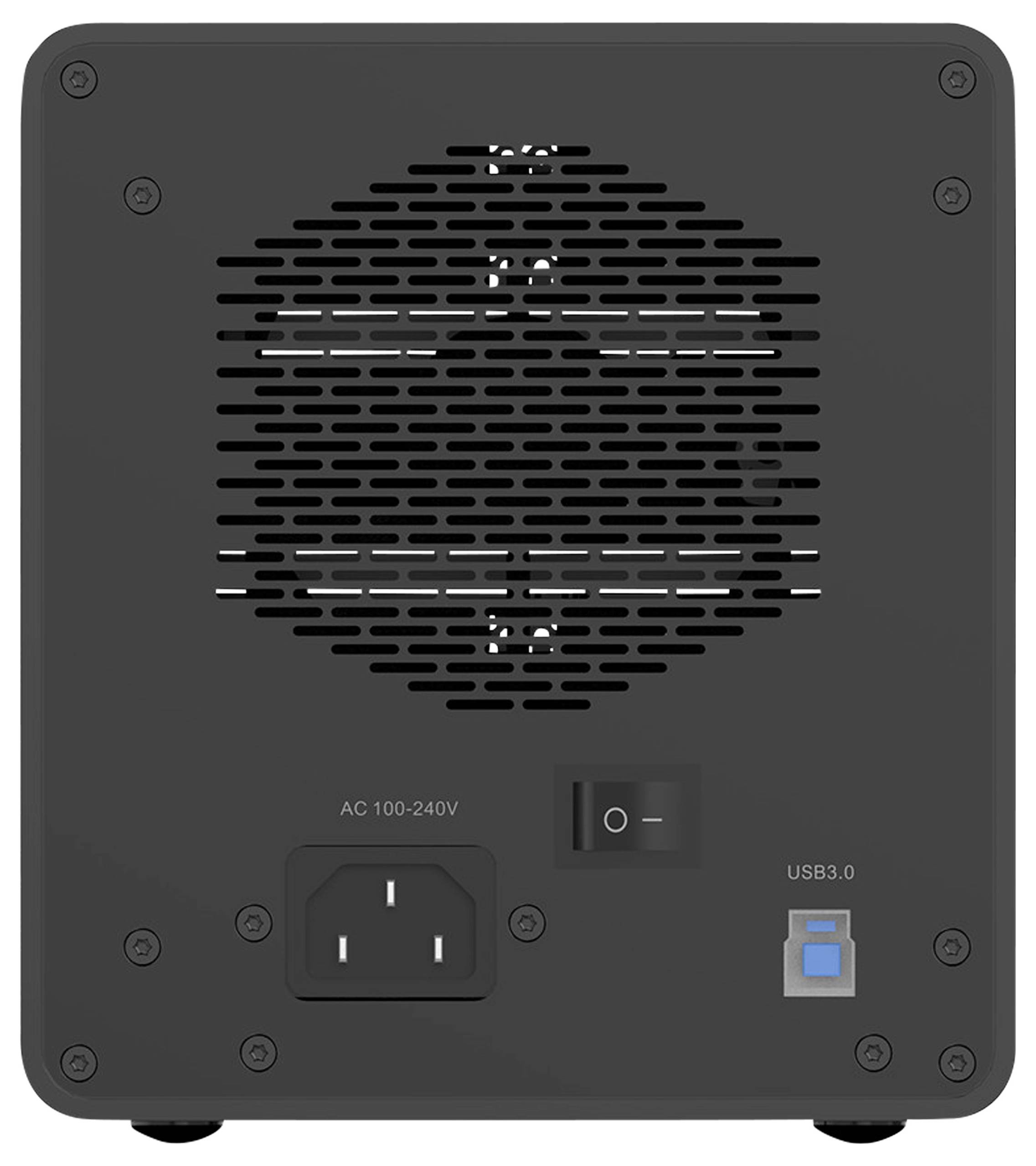 Ein schwarzes, quadratisches Gerät mit Lüftungsgitter, An/Aus-Schalter, Netzanschluss und USB 3.0-Anschluss auf der Rückseite.