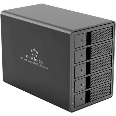 Externe Festplattengehäuse mit fünf Festplattenschächten zum Speichern und Organisieren von Daten. Markiert mit 'renkforce' und '3,5 Inch External HDD Enclosure'.