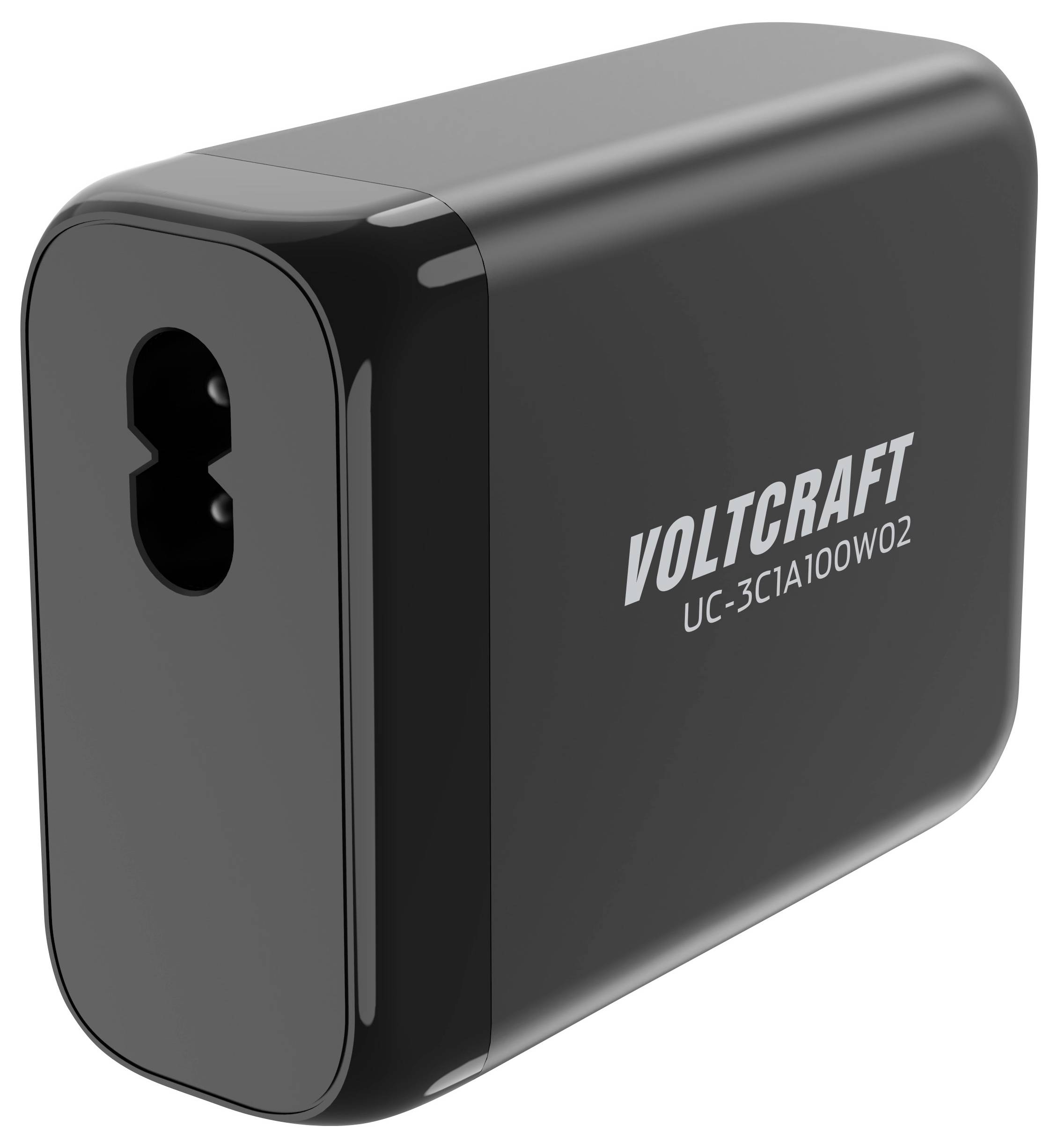 Ein schwarzes Ladegerät mit zwei USB-C-Anschlüssen, Markenname 'Voltcraft' und Modellnummer 'UC-3C1A100W02' auf der Seite.