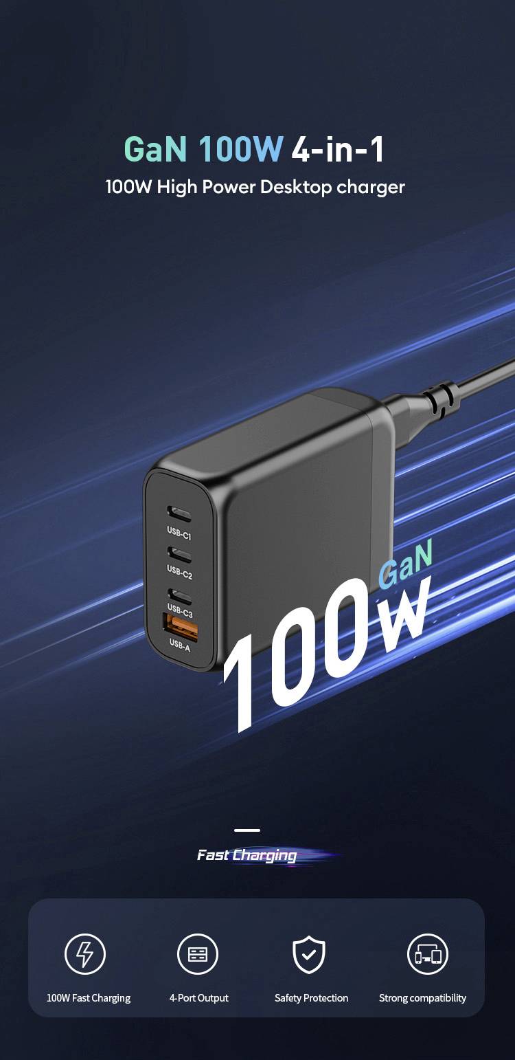 'GaN 100W 4-in-1' Ladegerät mit vier Anschlüssen auf dunklem Hintergrund. Text: '100W High Power Desktop charger', Symbole für Schnellladung, vierfache Ausgabe, Sicherheitsfunktionen, starke Kompatibilität.