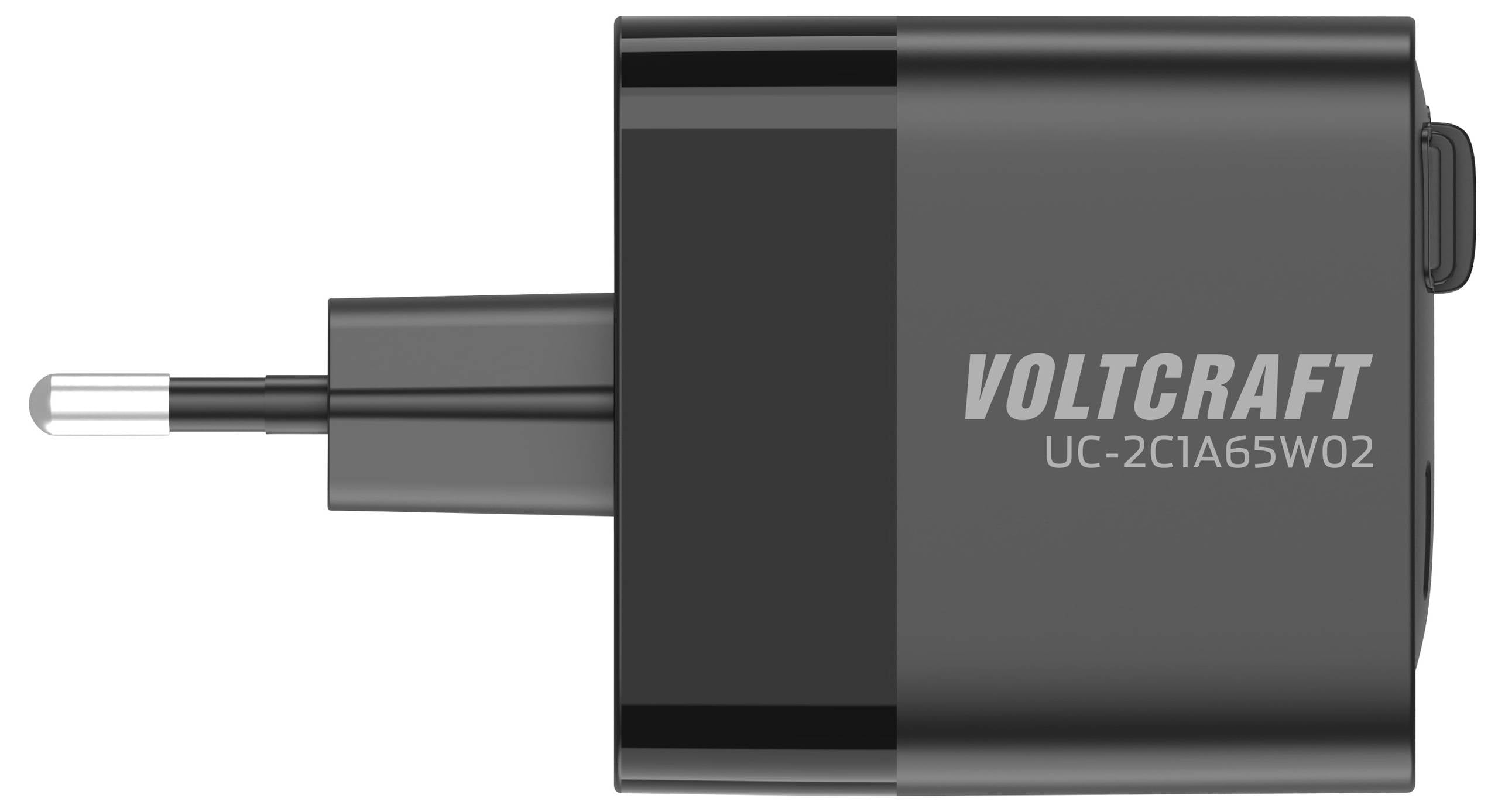 Kompaktes schwarzes Ladegerät von Voltcraft, Modell UC-2C1A65W02, mit einem Euro-Stecker für schnelles Aufladen.