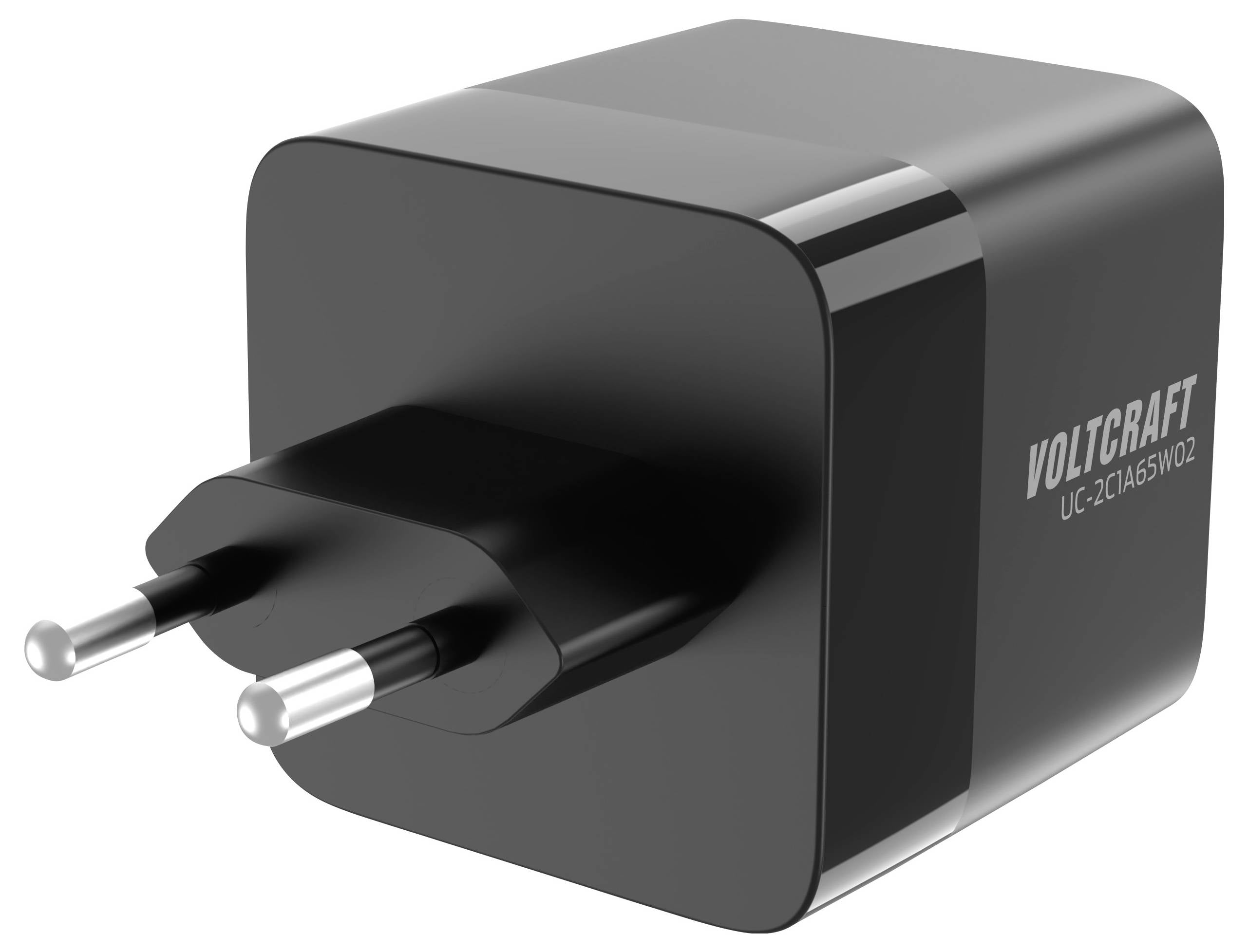 Schwarzes Ladegerät mit zwei Metallstiften und der Aufschrift 'Voltcraft UC-2C1A5W02' auf der Seite.