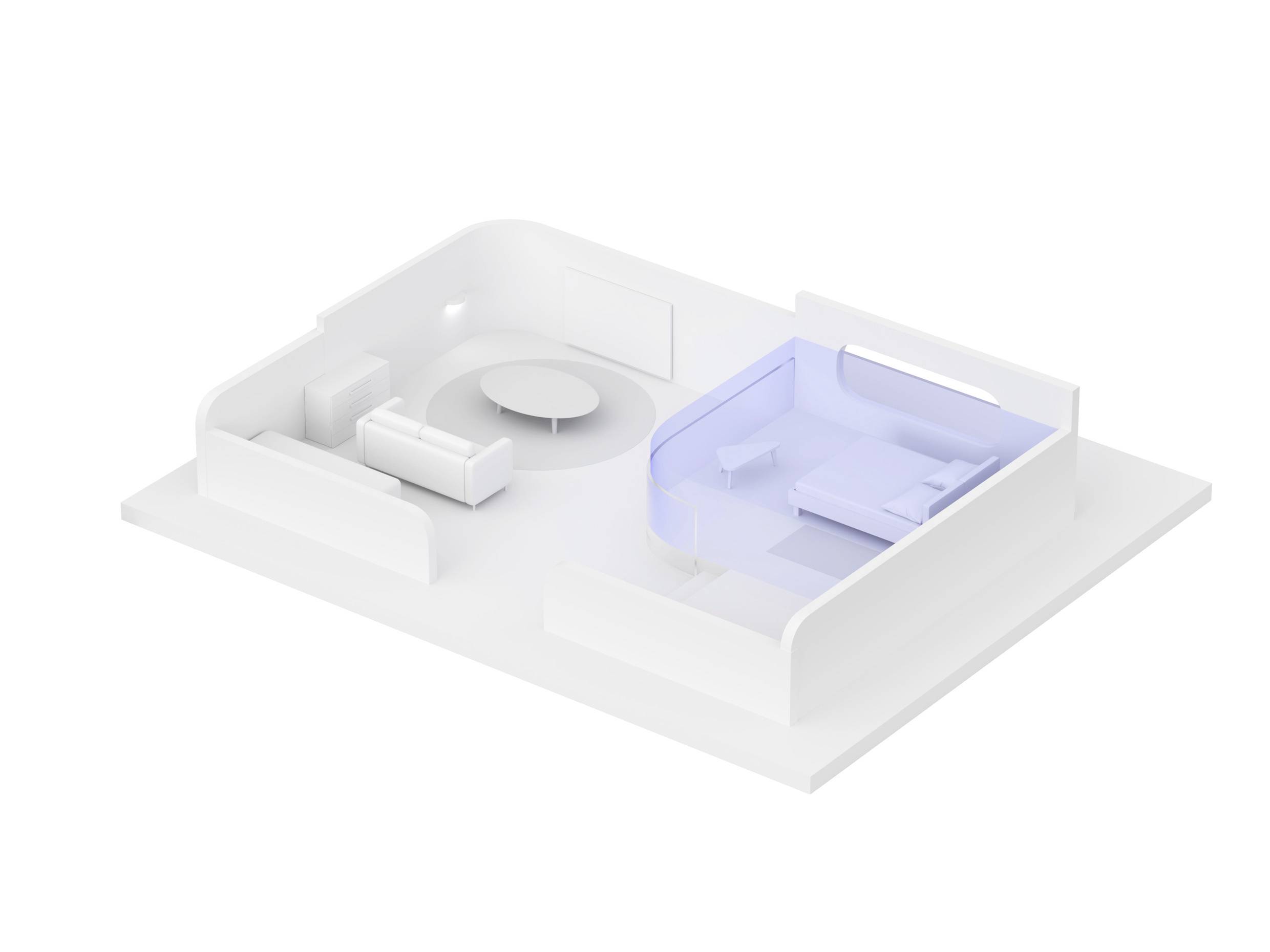 Ein minimalistisches Modell eines Raumes mit abgetrenntem blauen Bereich und weiße Möbel, einschließlich Sofa und Tisch.