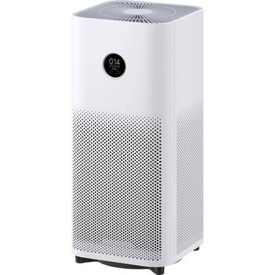 Ein weißer Luftreiniger mit digitalem Display und rechteckigem Gehäuse zeigt den PM2,5-Wert 014 an.