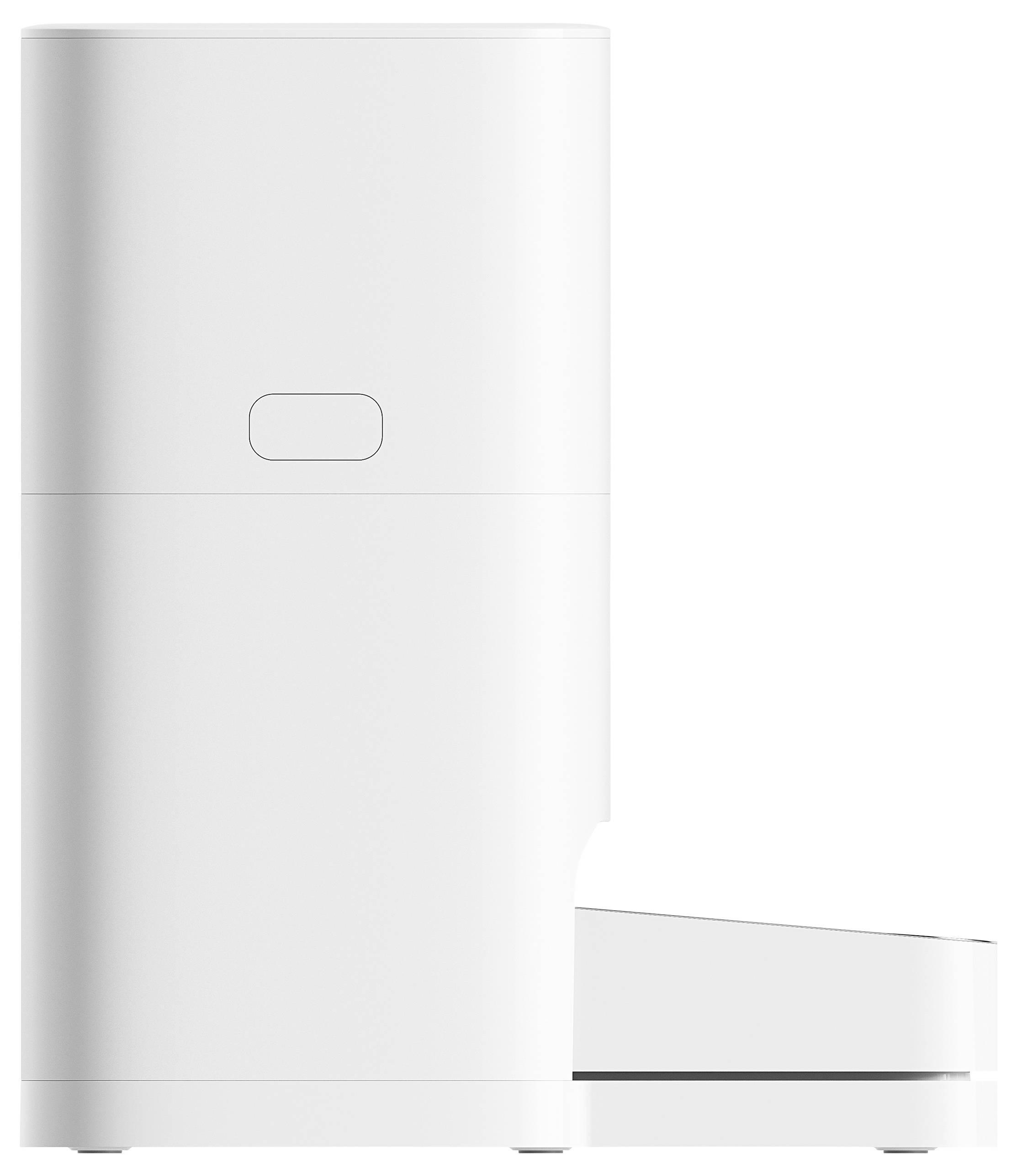 Ein weißes, modern gestaltetes Gerät, möglicherweise ein elektronisches Haushaltsgerät, mit einer glatten Oberfläche und minimalistischem Design.