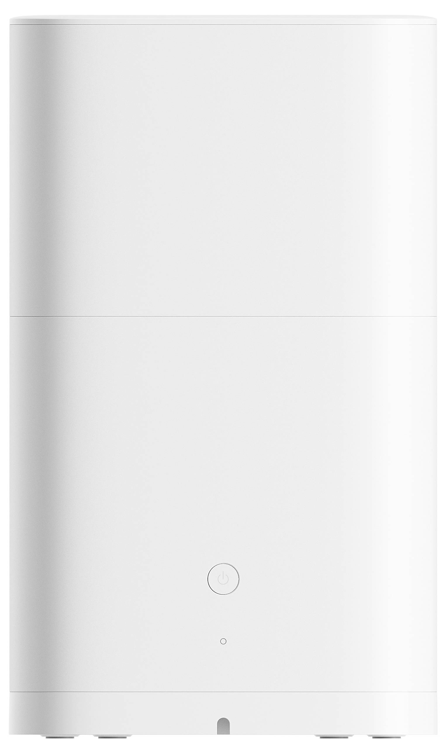 Weiße, zylindrische elektronische Vorrichtung mit minimalistischem Design und einem Knopf auf der Vorderseite. Möglicher Luftreiniger.