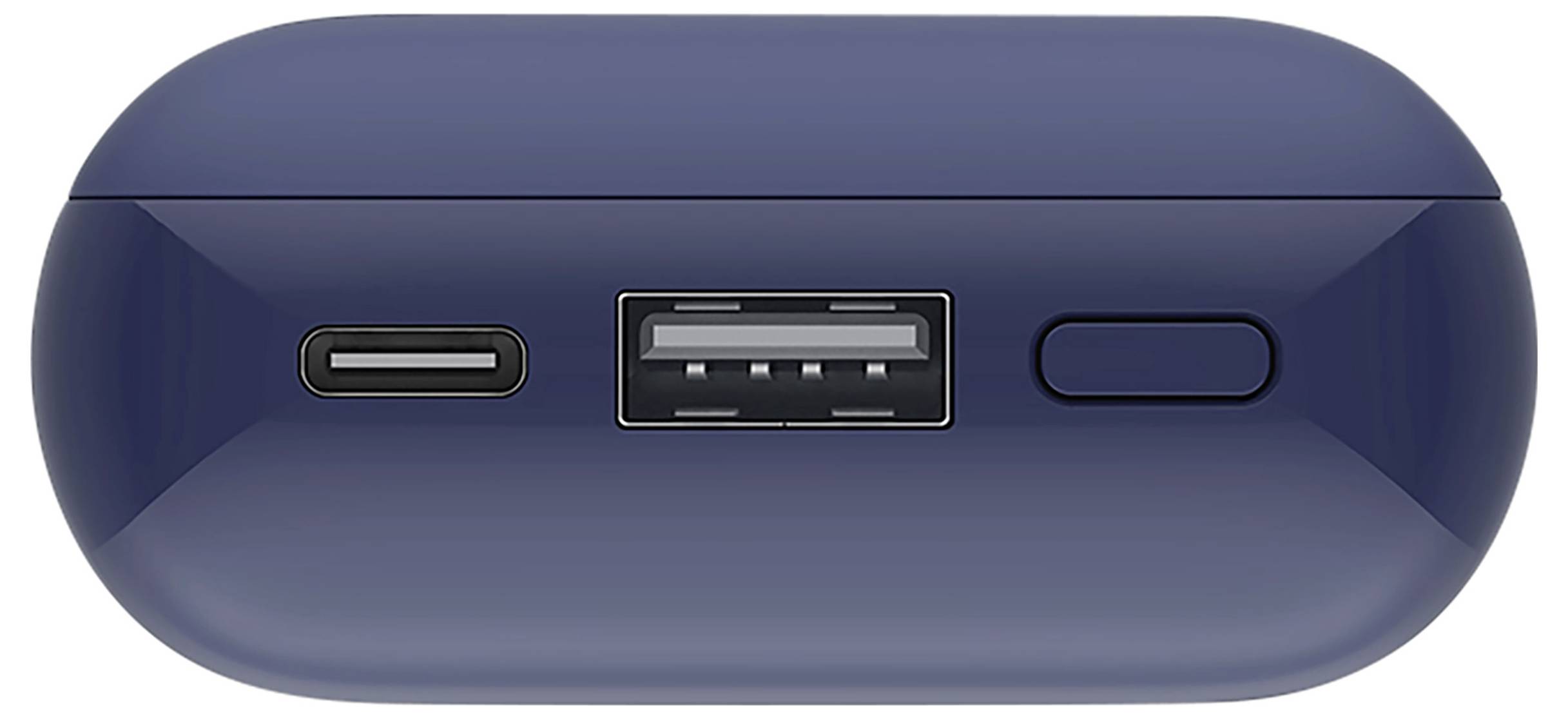 Ein blaues tragbares Ladegerät zeigt zwei Anschlüsse: einen USB-C und einen USB-A, sowie eine runde Taste an der Vorderseite.