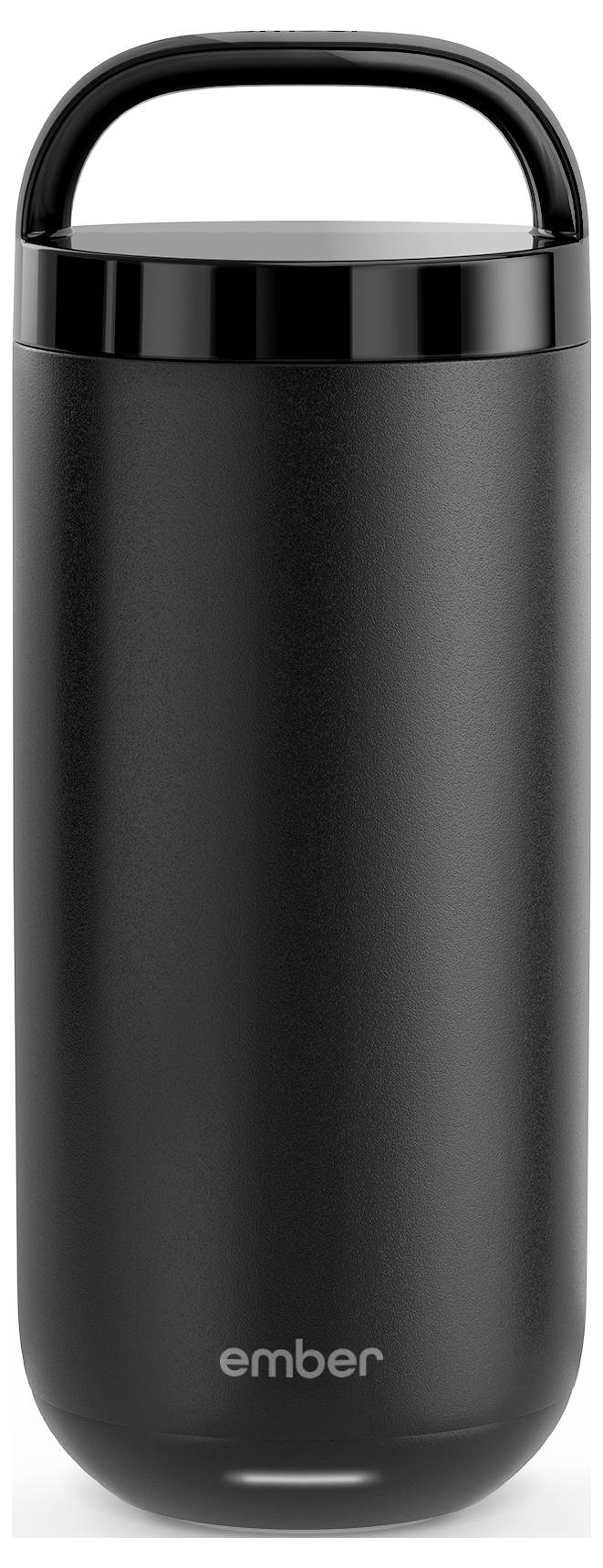 Eine schwarze Thermoskanne mit Griff, auf der 'ember' steht. Ideal zum Warmhalten von Getränken unterwegs.