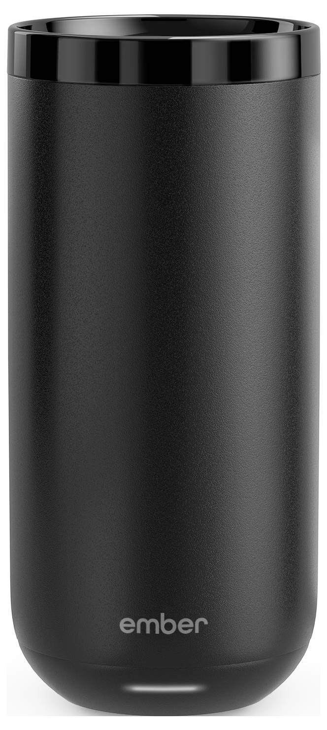 Ein schwarzer, schlanker Thermosbecher mit der Aufschrift 'ember' unten, vermutlich zum Warmhalten von Getränken gedacht.