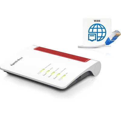 Ein weißer Router mit roten Elementen, beschriftet als 'FRITZ!Box'. Im Hintergrund ein Symbol für Internetverbindung (WAN) mit Stecker.