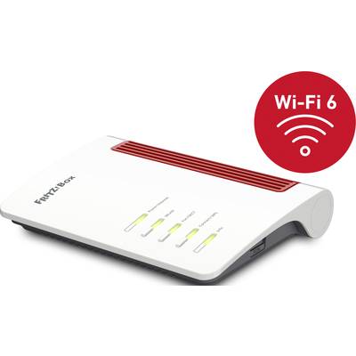 Ein weißer WLAN-Router mit roten Details, der 'Wi-Fi 6' unterstützt. Vier leuchtende Statusanzeigen vorne, repräsentieren verschiedene Funktionen.