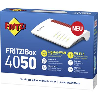 WLAN-Router Fritz!Box 4050 in weiß, beworben als ideal für schnelles Heimnetz mit Wi-Fi 6 und Gigabit-WAN, inklusive Mesh-Funktion.