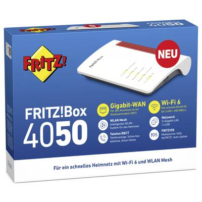 Verpackung einer FRITZ!Box 4050. Router kompatibel mit Wi-Fi 6 für schnelles Heimnetz. Enthält Hinweise auf Funktionen und Konnektivität.