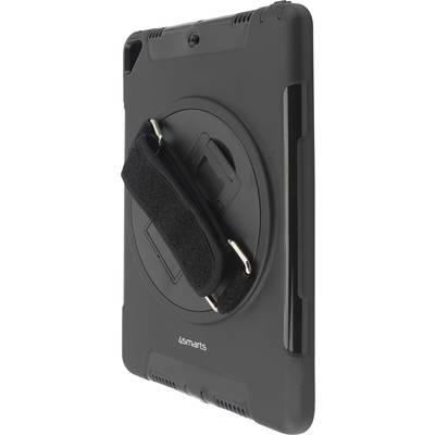 Schwarze Tablet-Hülle mit drehbarem Haltegriff und elastischem Band für sicheren Halt und komfortable Nutzung im Hoch- oder Querformat.