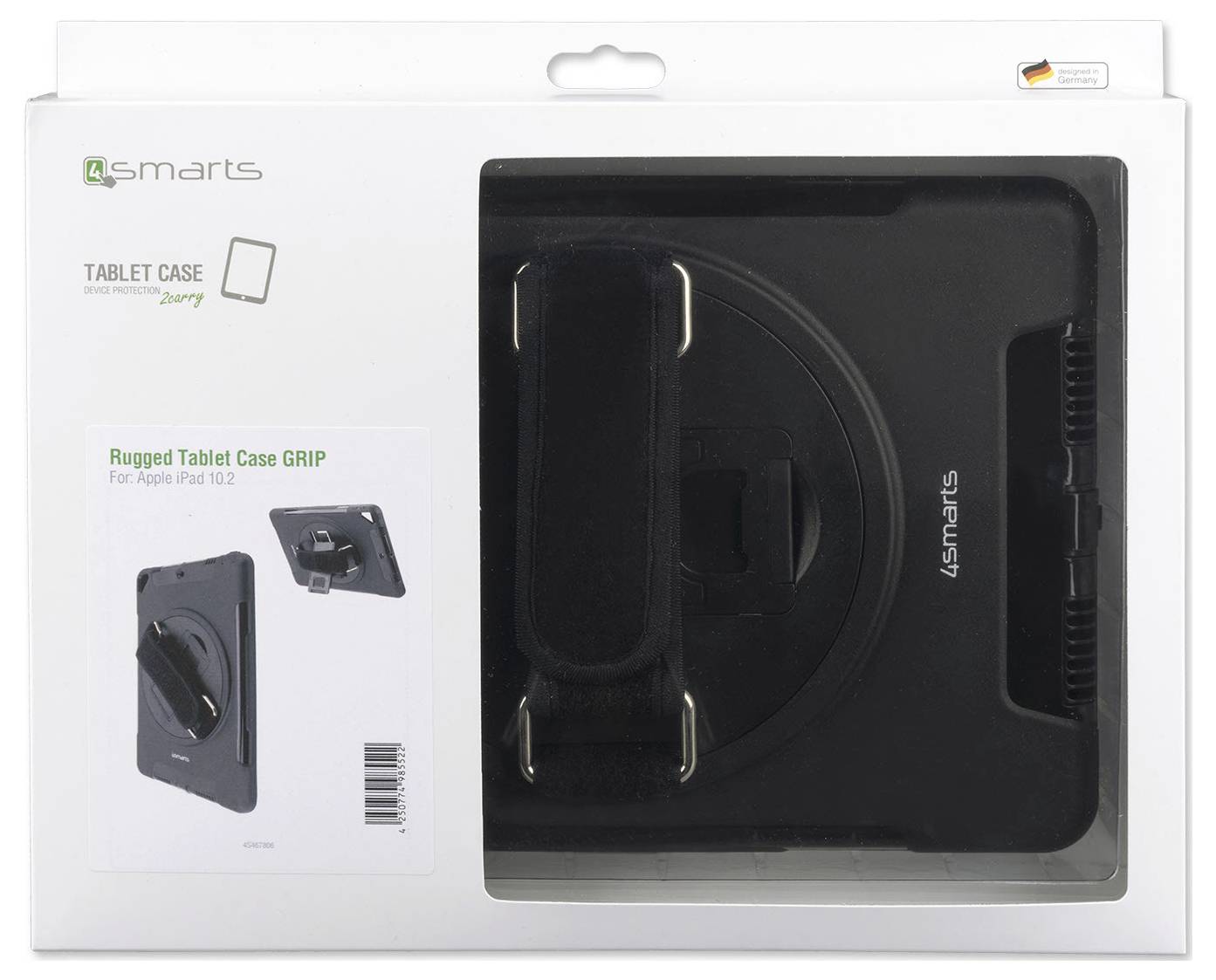'Robuste Tablet-Hülle GRIP für Apple iPad 10.2', in schwarzer Farbe, mit Handhalterung und Verpackung, von 4smarts.