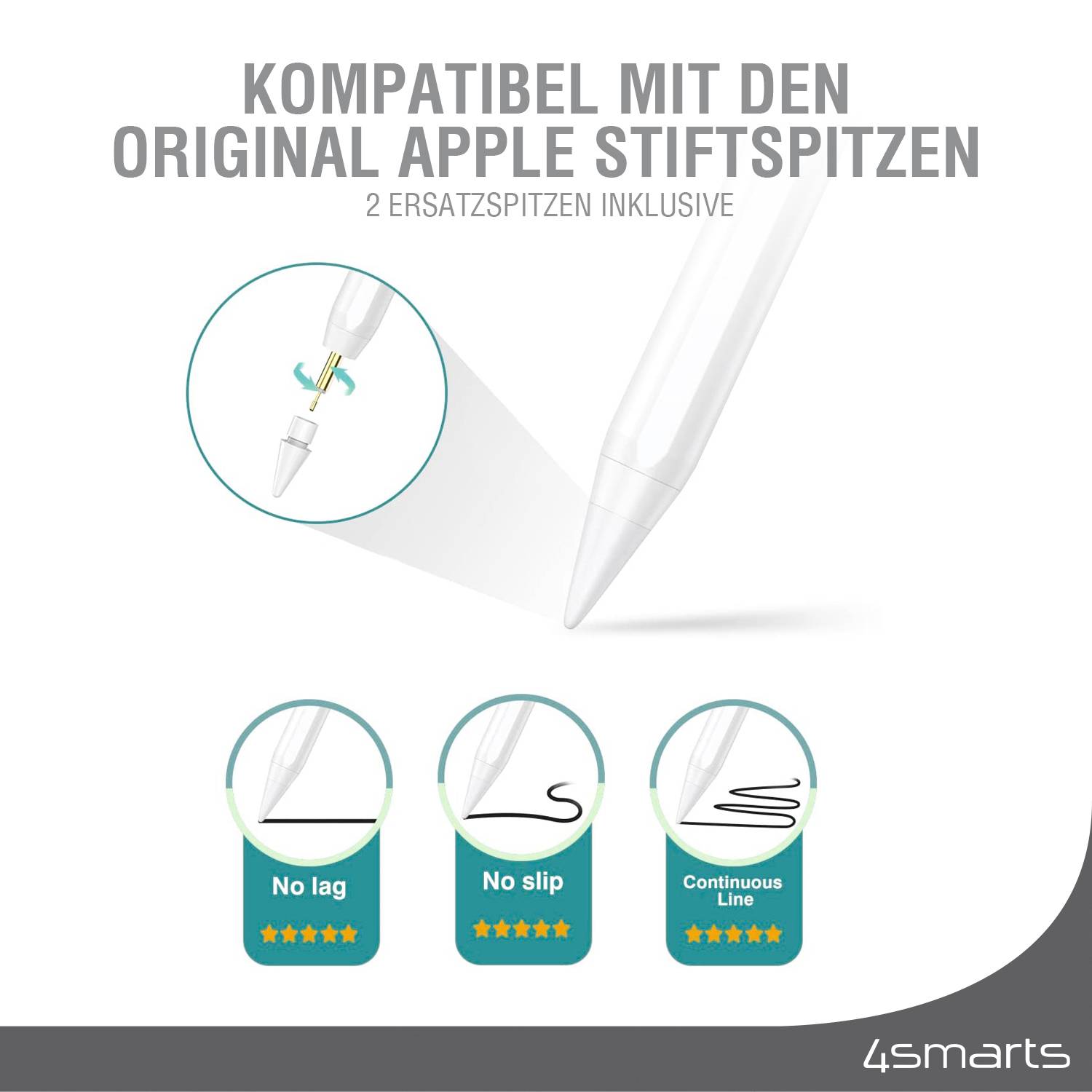 'Kompatibel mit den original Apple Stiftspitzen'. Zwei Ersatzspitzen inklusive. Merkmale: 'No lag', 'No slip', 'Continuous Line'. Marke: 4smarts.