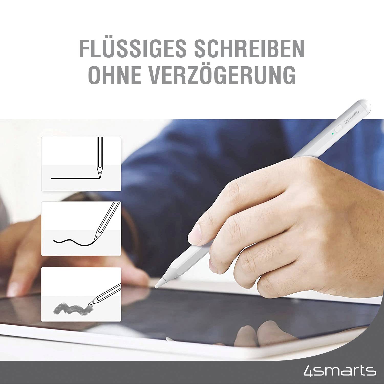 Ein Hand hält einen Eingabestift über ein Tablet. Text: 'Flüssiges Schreiben ohne Verzögerung'.
