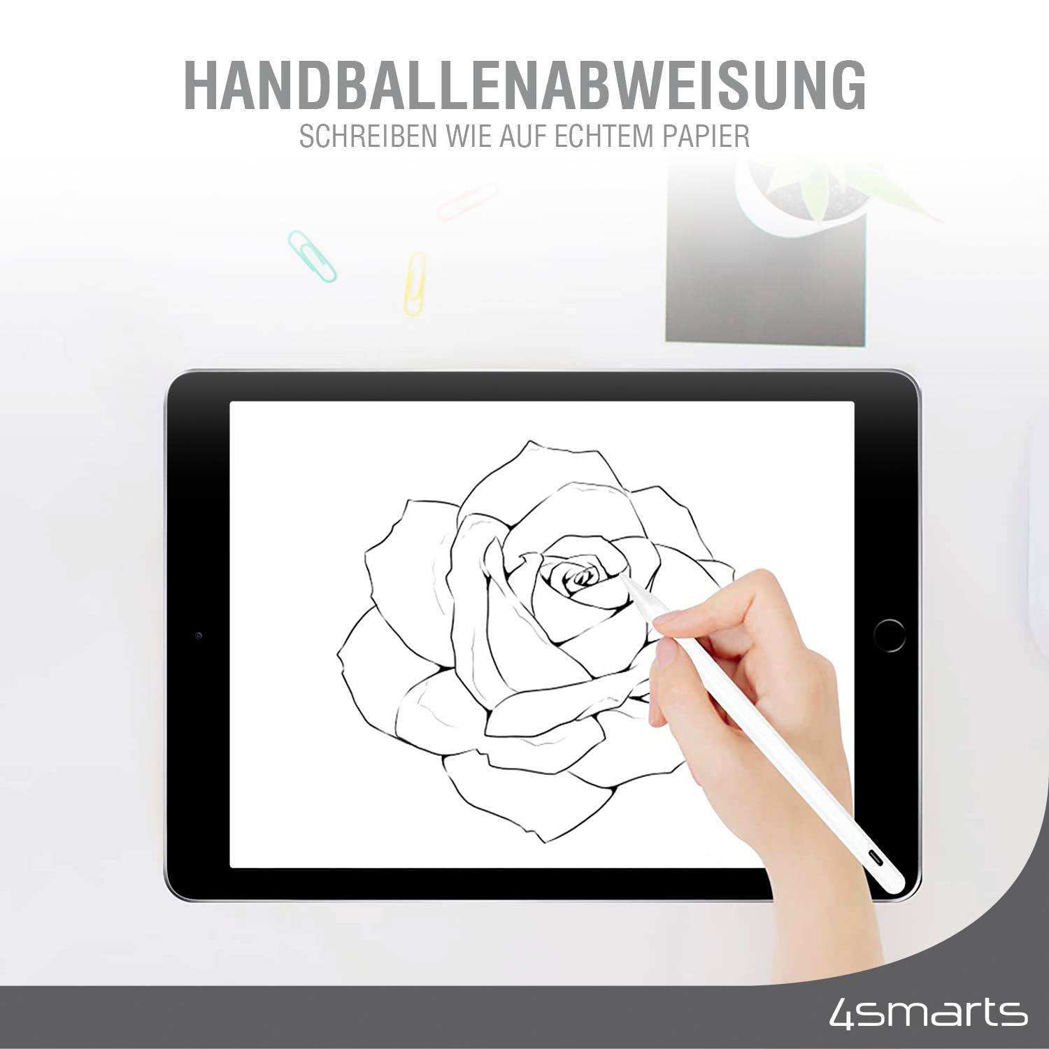 Ein Tablet mit einer Zeichnung einer Rose, daneben eine Hand, die mit einem Stylus zeichnet. Oben steht: 'Handballenabweisung'.