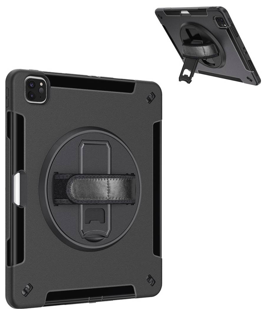 Schwarzes Tablet-Case mit integriertem Ständer und Griff, für stabilen Halt und einfache Handhabung, auf weißem Hintergrund.