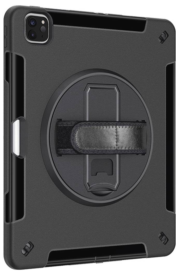 Schutzhülle für ein Tablet mit integriertem Standfuß und Halteschlaufe, bietet robusten Schutz und verbesserte Benutzerfreundlichkeit.