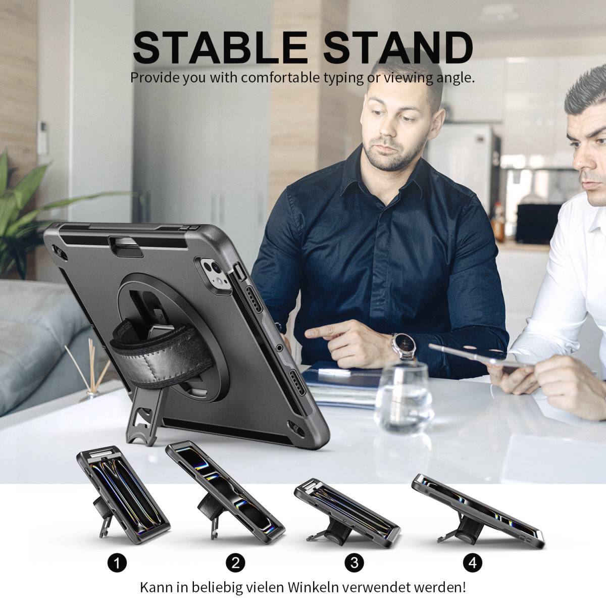 Ein Mann benutzt ein Tablet mit Ständer in einem Büro. Unten sind vier Bilder, die die Flexibilität des Tablet-Ständers zeigen.