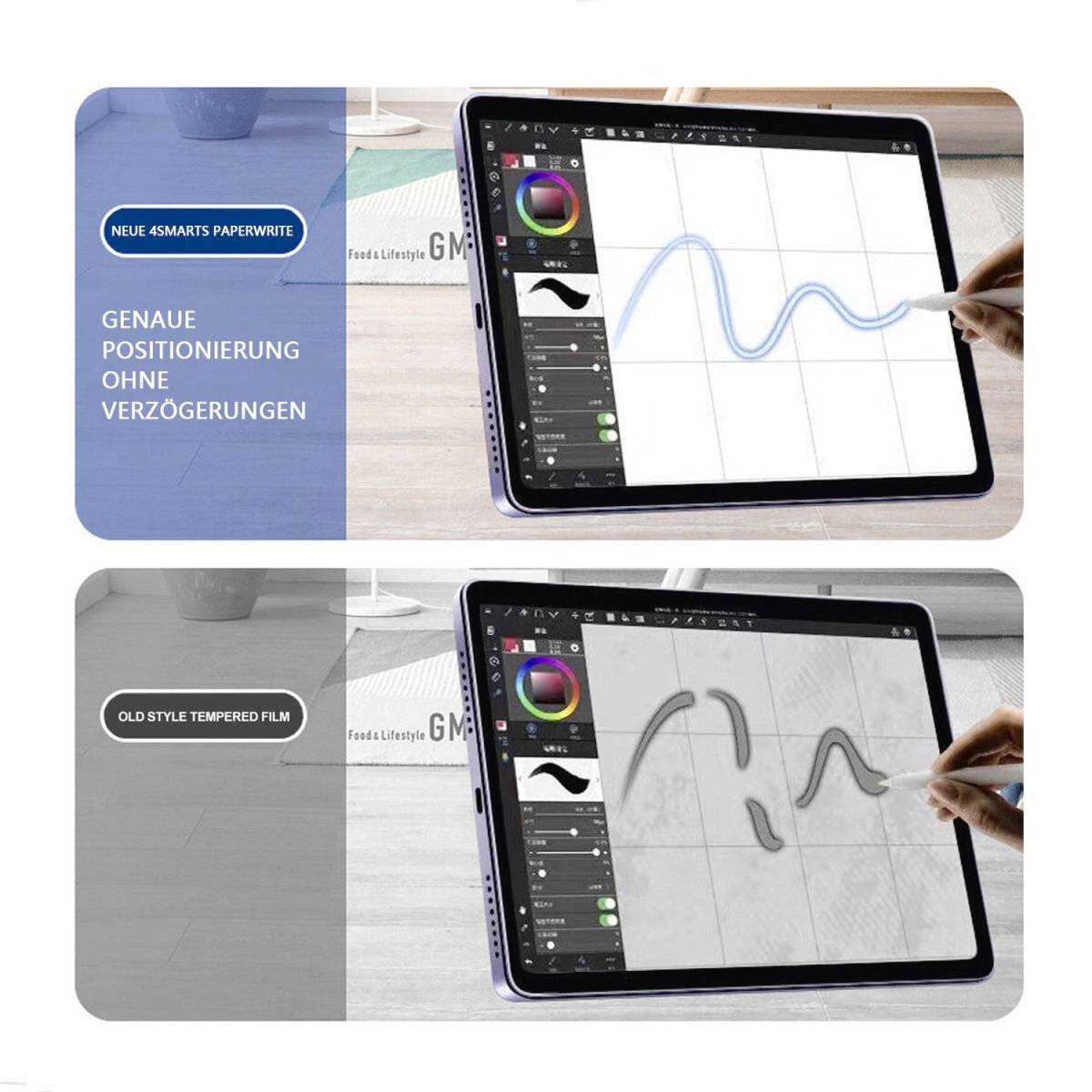 Tablet mit Zeichensoftware: Oben mit präziser Linienzeichnung dank 'Neu 4Smarts PaperWrite'. Unten weniger präzise mit 'Old Style Tempered Film'.