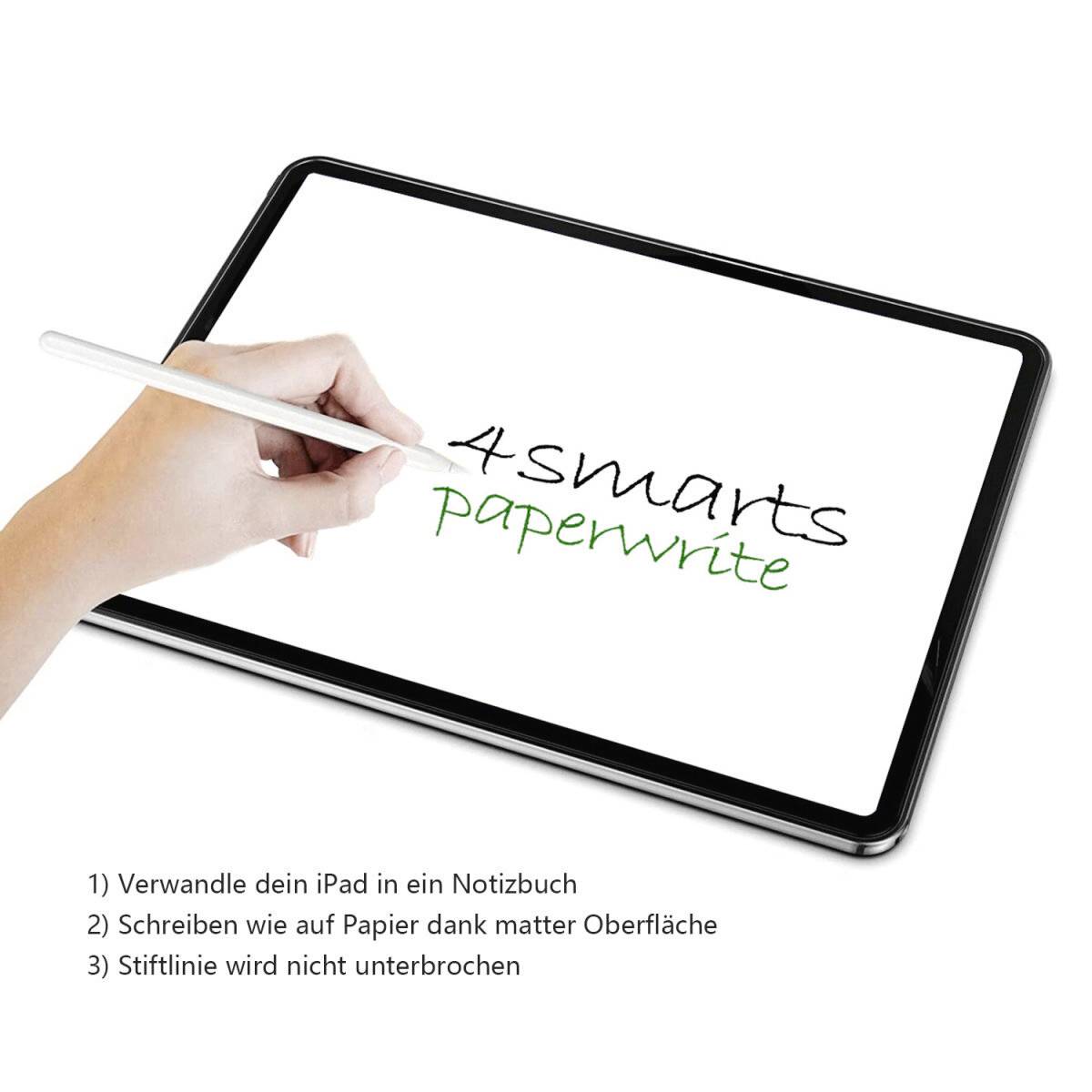 Ein iPad mit einer Hand, die einen Stift hält, zeigt den Text '4smarts paperwrite'. Text: 1) iPad als Notizbuch 2) Schreiben wie auf Papier 3) Stiftlinie ununterbrochen.