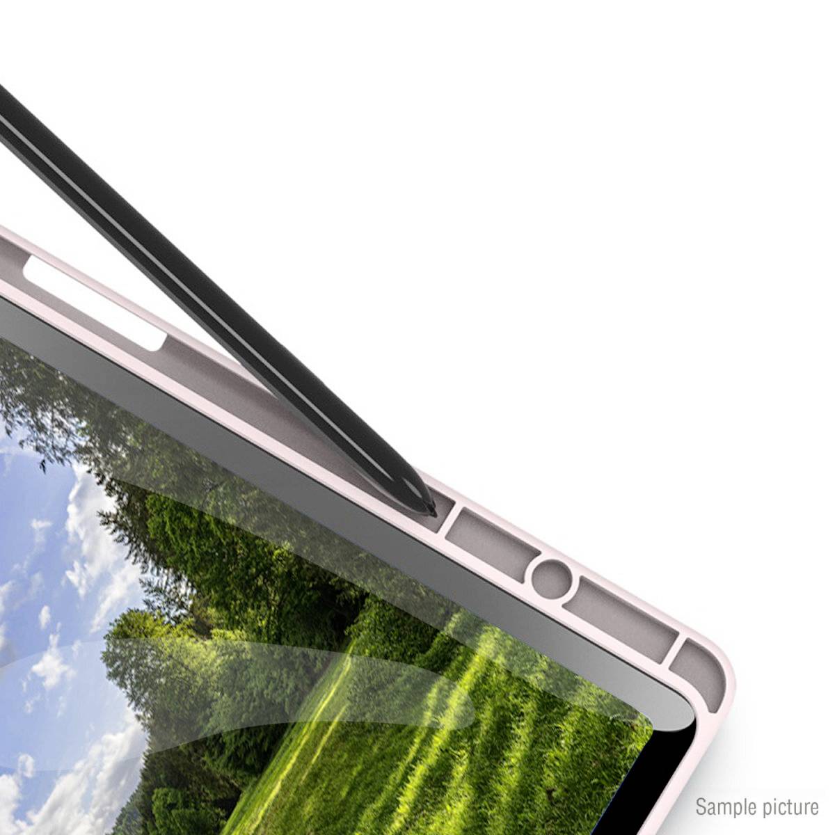 Eine Nahaufnahme eines Tablets mit einem grünen Landschaftsbild auf dem Bildschirm. Ein Stift berührt den oberen Rand des Tablets.