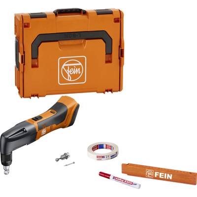 Ein orangefarbenes Elektrowerkzeug-Set bestehend aus einem oszillierenden Werkzeug, einem orangefarbenen Koffer, Zubehörteilen, Klebeband und einem Stift.