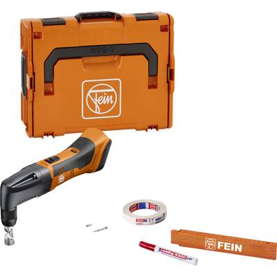 'Fein' orangefarbene Werkzeugbox mit Multitool, zwei Schrauben, Klebeband, Maßstab und Filzstift. Einsatz in Bau oder Reparatur.