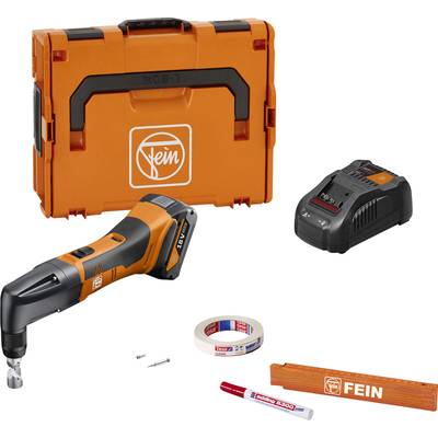 Ein Set aus einem orangen Multifunktionswerkzeug, Akkuladegerät, Transportkoffer, Klebeband, Maßstab, Stift und zwei Schrauben.