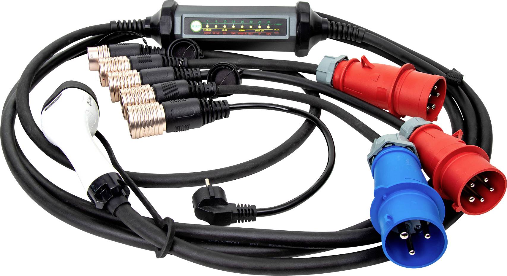 Mehrere Ladekabel und Adapter mit unterschiedlichen Steckertypen, die zur flexiblen Stromversorgung oder zum Aufladen verschiedener Geräte dienen.