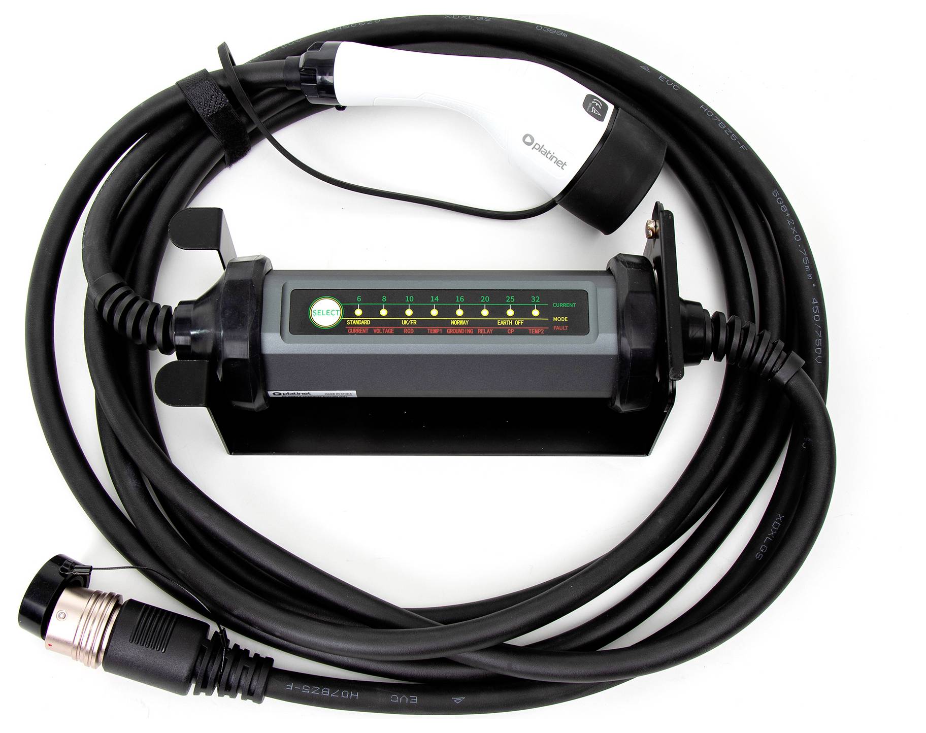 Ladekabel für Elektrofahrzeuge mit Anzeigeleiste und Stecker, geeignet für den Einsatz mit verschiedenen Fahrzeugmodellen.