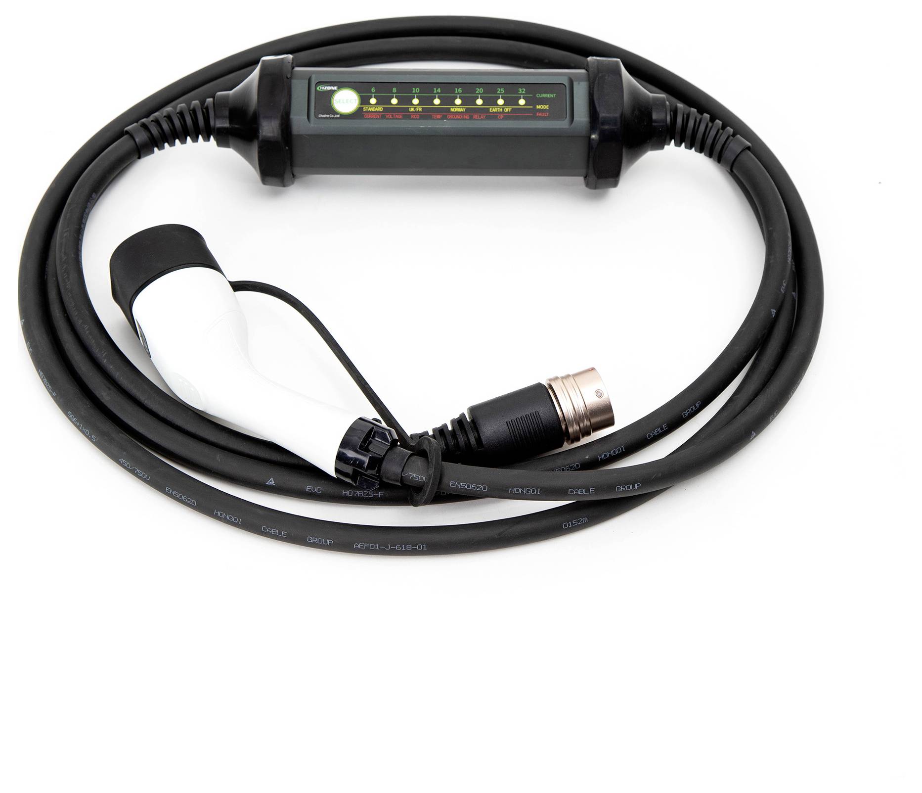 Ladekabel für Elektrofahrzeuge mit Leuchten zur Statusanzeige. Schwarzes Kabel mit schwarzem und weißem Stecker.