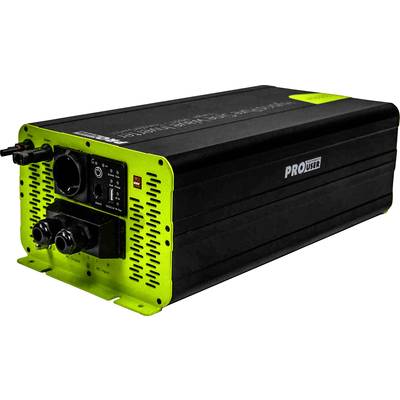 Ein schwarzer Spannungswandler mit grünen Akzenten, elektrische Anschlüsse an der Vorderseite, Marke 'Pro User'.
