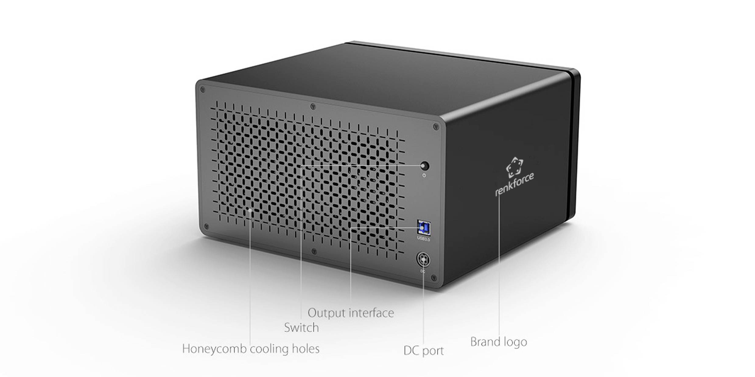 Ein schwarzes Metallgehäuse mit Wabenbelüftung und den Beschriftungen: 'Schalter', 'Ausgangsschnittstelle', 'DC-Port', 'Markenlogo'.