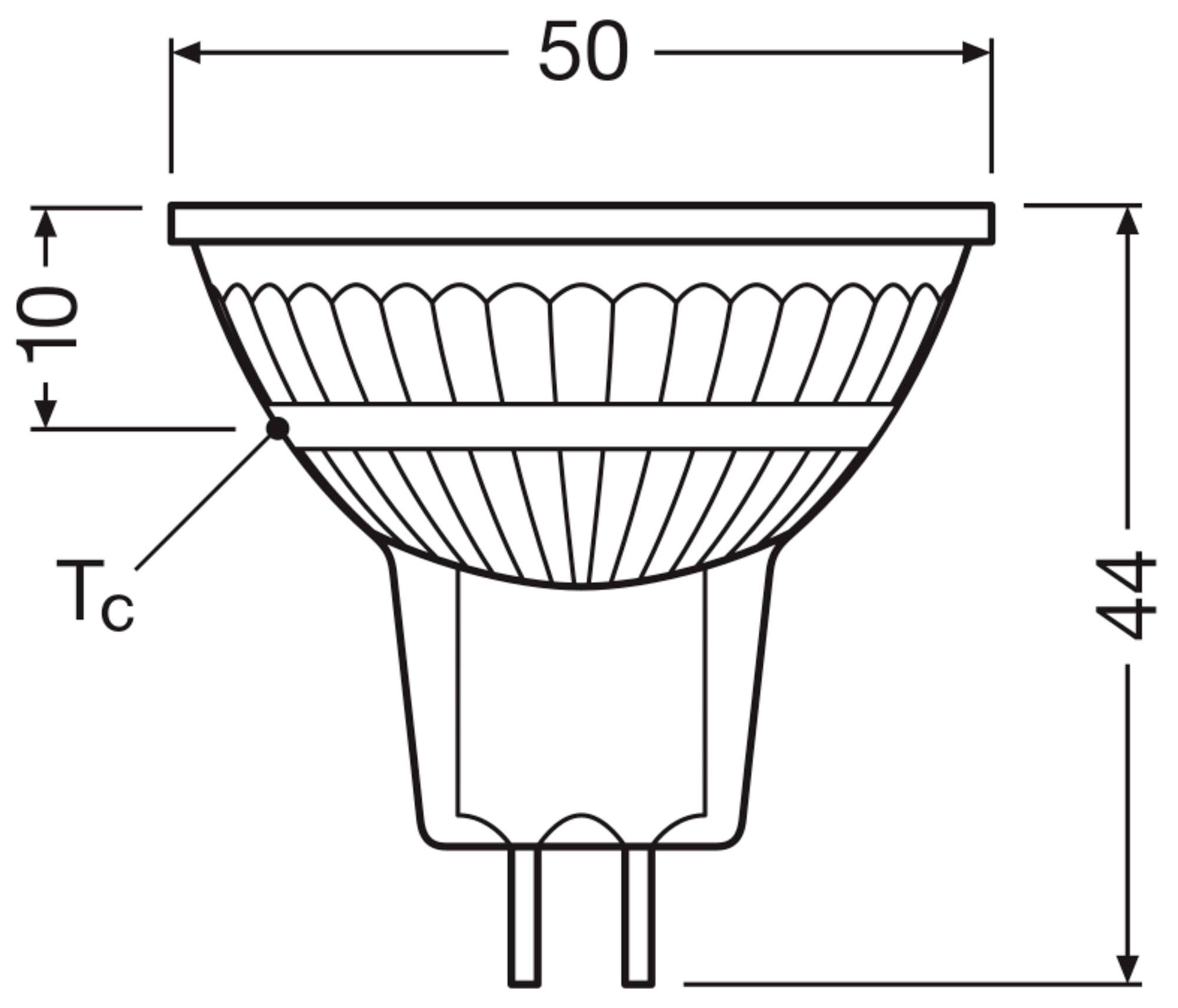Diagramm einer GU5.3 LED-Lampe mit den Maßen: Durchmesser 50 mm, Höhe 44 mm, zentrale Markierung Tc bei 10 mm.