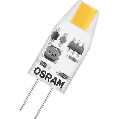 LED-Lampe mit zwei Stiften, orangefarbenem Leuchtbereich und der Aufschrift 'OSRAM', zeigt elektronische Komponenten.