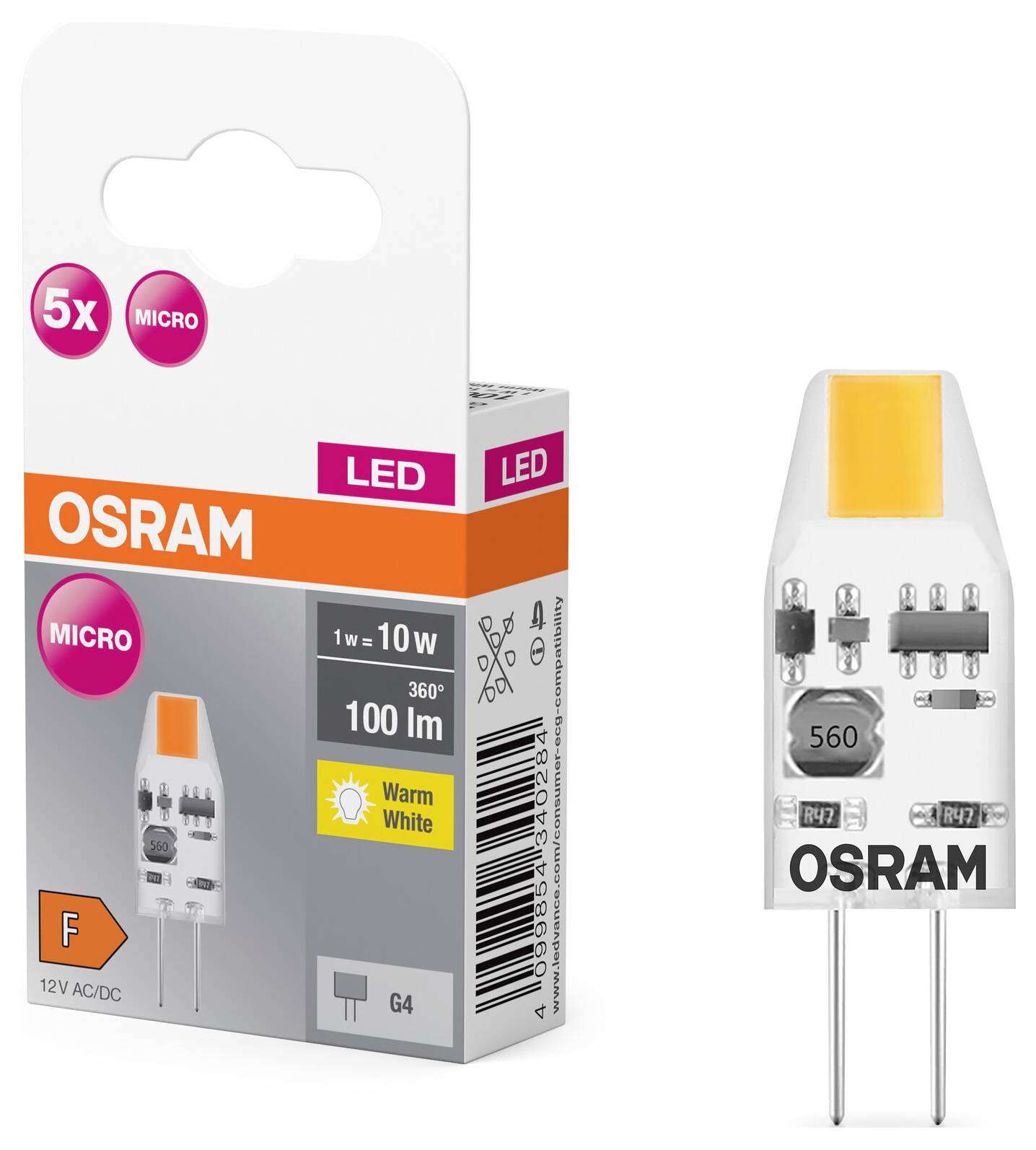 'OSRAM LED Lampe 1W entspricht 10W, warmweiß, G4 Sockel, Energieklasse F. Verpackung zeigt Lampe, geeignet für 100lm, 360° Abstrahlwinkel.'