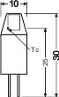 Zeichnung eines elektronischen Bauteils mit zwei Anschlüssen, vermaßten Höhen '25' und '8', sowie einer Breite von '10'. Entspricht einem Transistor.