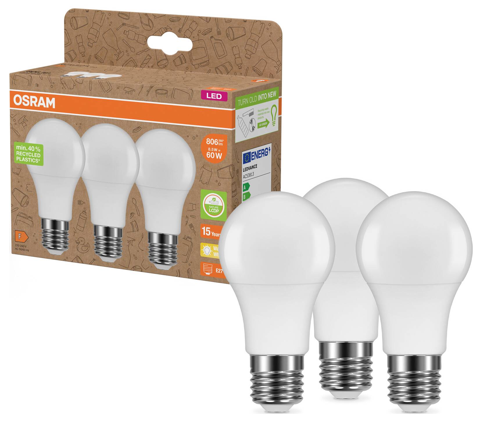 'Drei LED-Glühbirnen von OSRAM mit Verpackung. 806 Lumen, ersetzt 60W, enthält 40% recyceltes Plastik, energiesparend.'