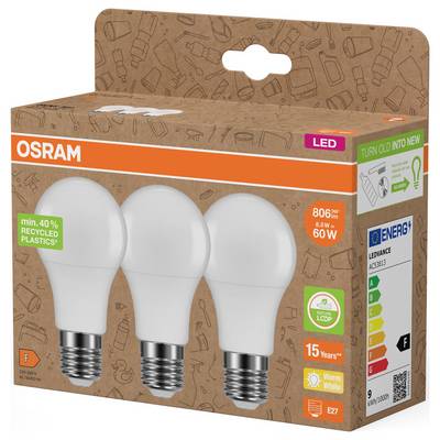 OSRAM LED-Glühbirne in Einzelhandelverpackung mit drei weißen Glühbirnen, gekennzeichnet mit 8,5W, 806 Lumen, warmweiß und Energieklasse F.