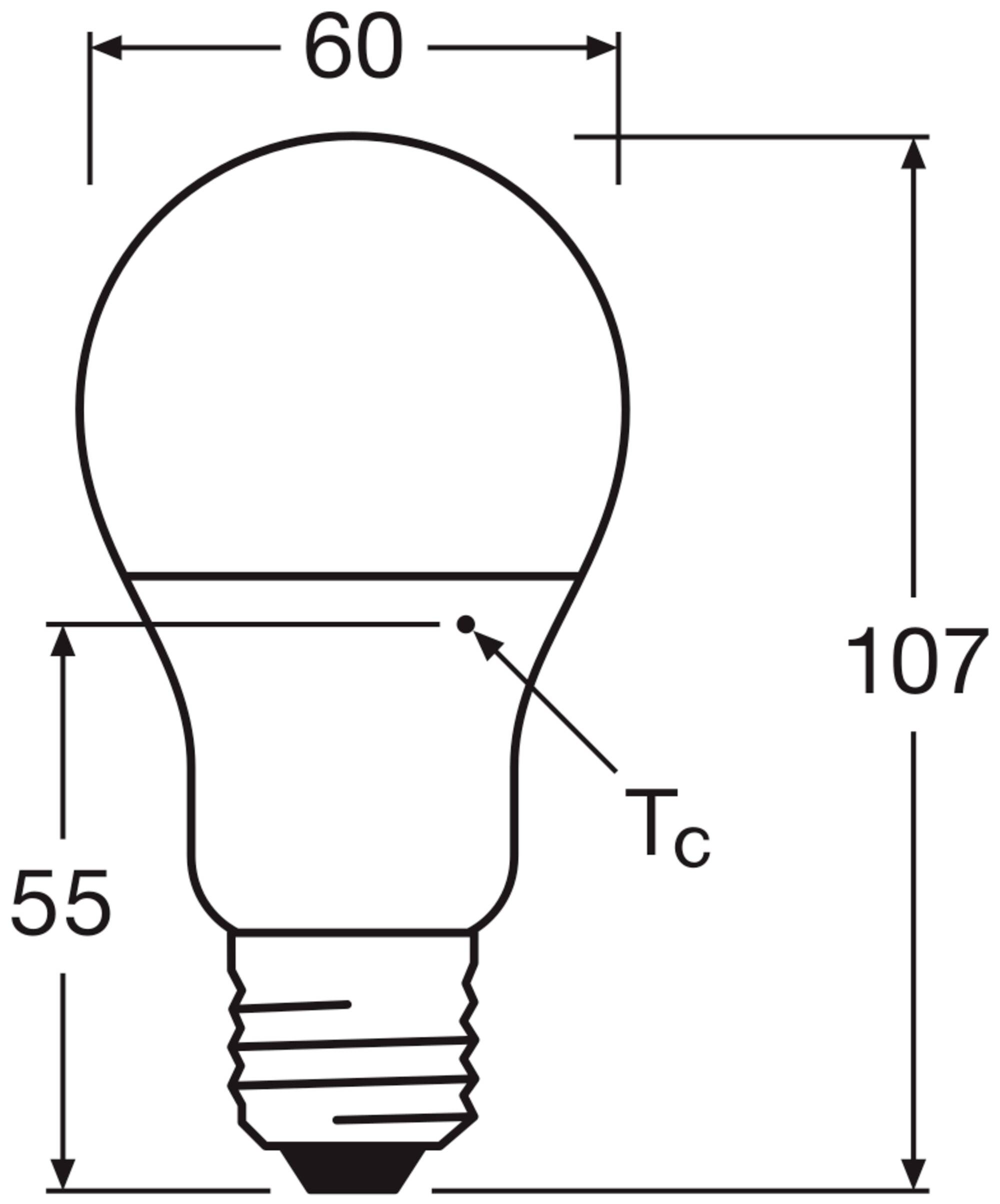 Zeichnung einer Glühbirne mit Maßen: Höhe 107 mm, Breite 60 mm, Hals 55 mm. Punkt 'Tc' markiert eine bestimmte Stelle der Glühbirne.