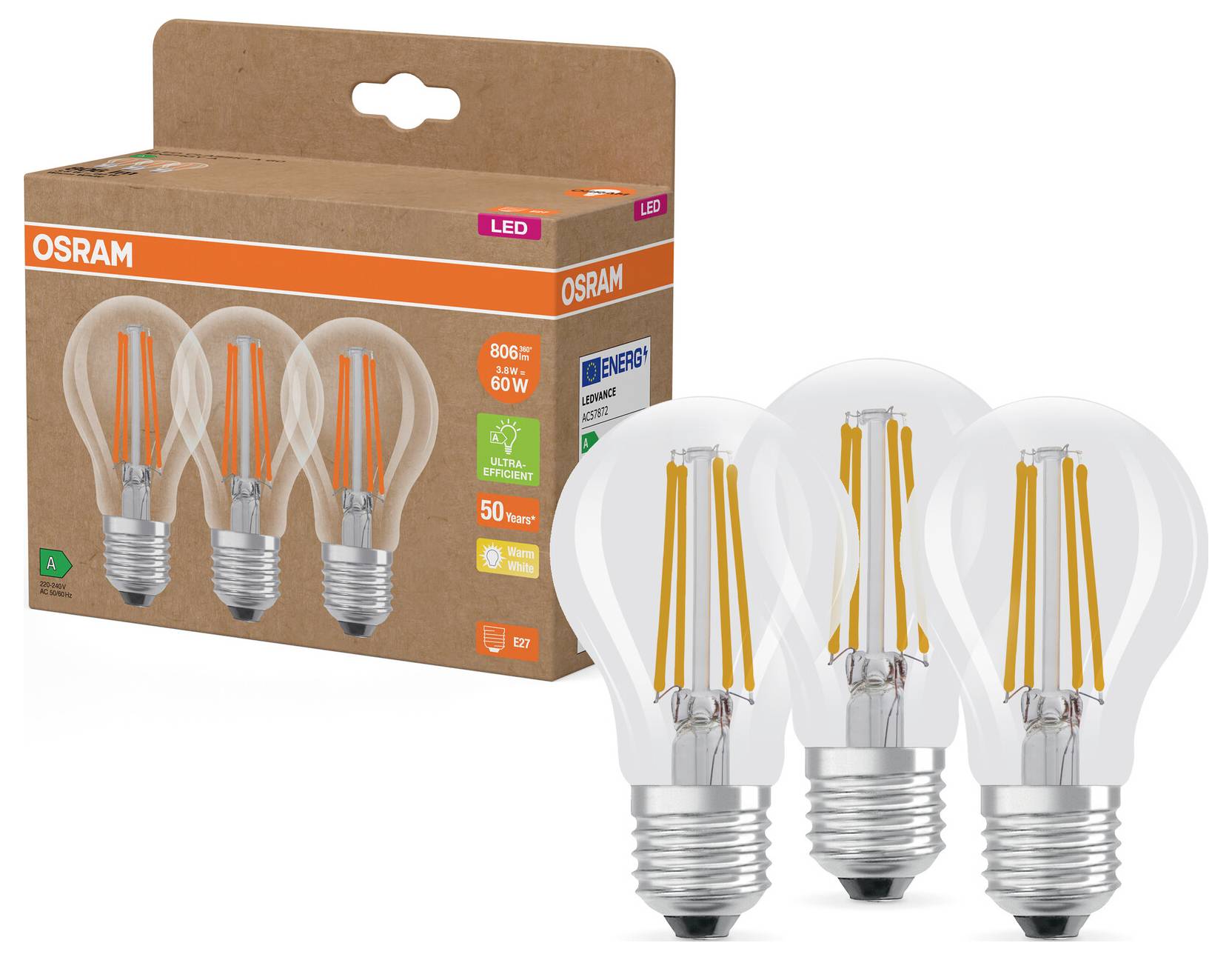 Drei LED-Glühbirnen von Osram vor einer Verpackung mit Aufschrift '60W', Energieeffizienz-Label 'A+' und Hinweis auf lange Lebensdauer.