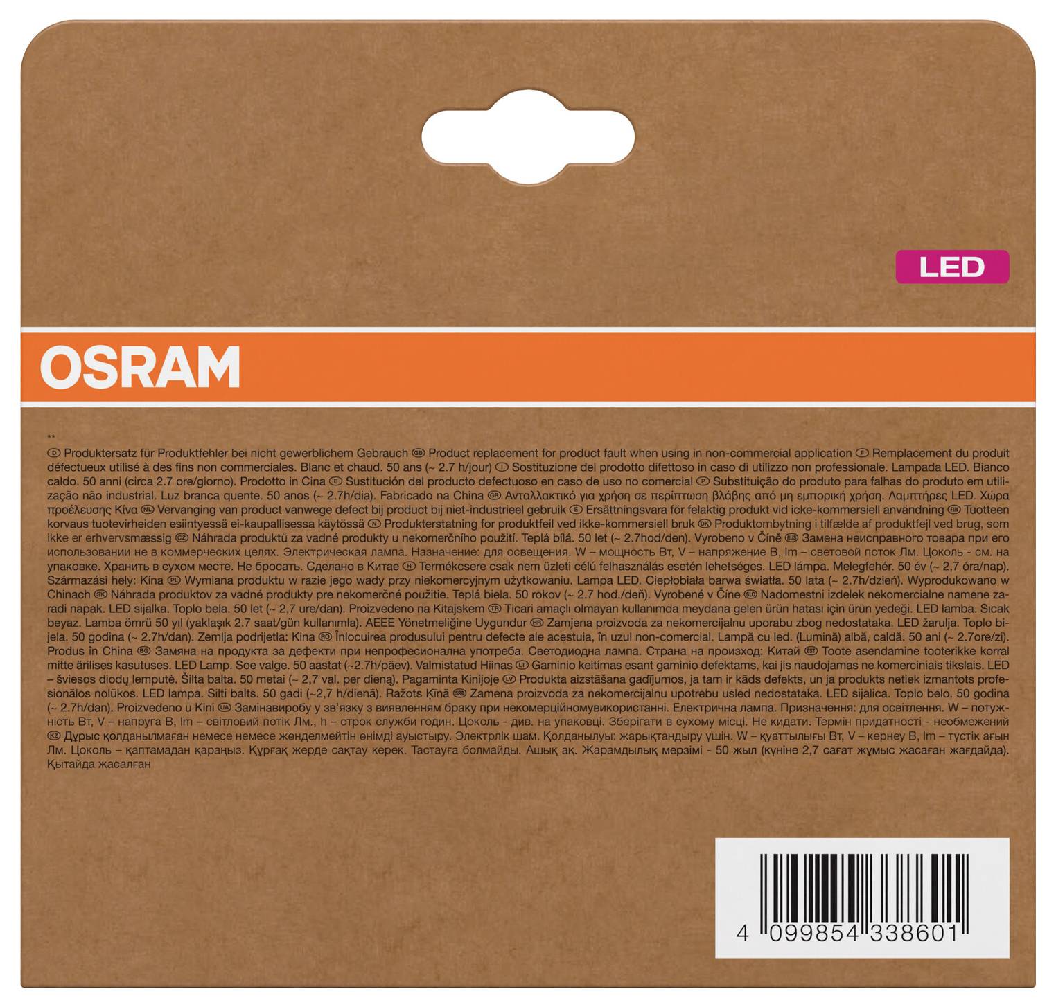 OSRAM LED-Produktverpackung mit braunem Kartonrücken, orangefarbenem Markenband, kleinem „LED"-Etikett und Barcode unten rechts.
