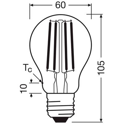 'Illustration einer Glühbirne mit den Maßen: Durchmesser 60 mm, Höhe 105 mm. Abstand vom Sockel zum thermischen Punkt (Tc) beträgt 10 mm.'